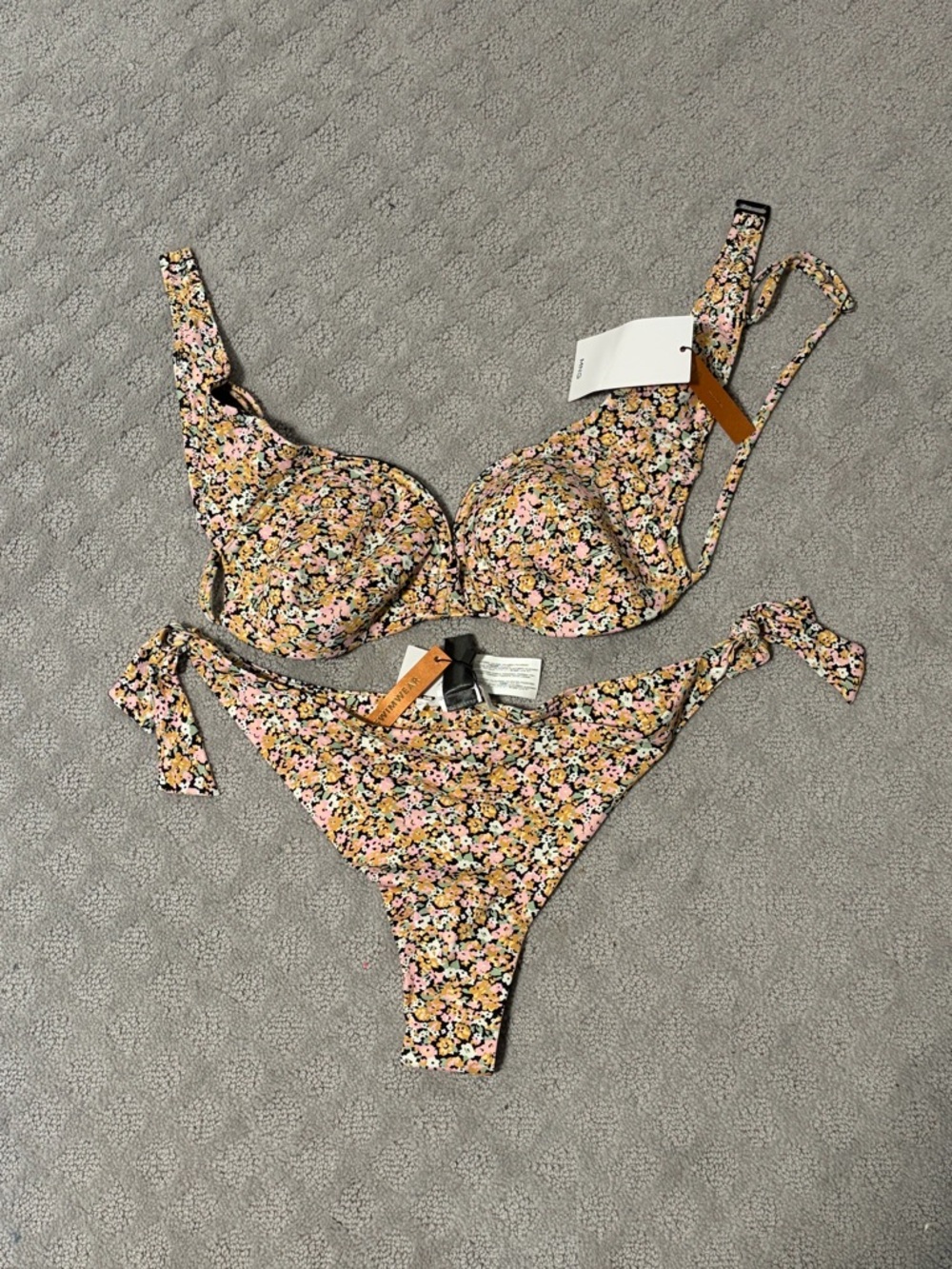 Mango Floral Tie-Side Underwire Bikini - Pink, Yellow, Black - NWT